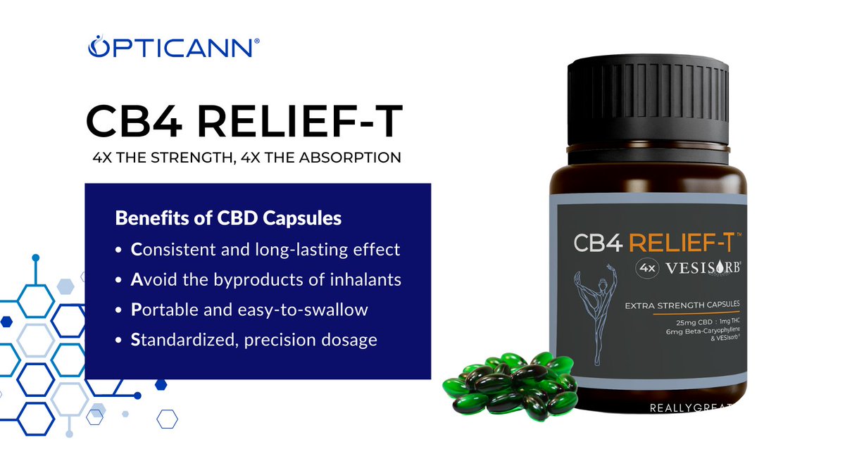 Our #CB4Relief-T extra strength softgels are formulated with 25mg CBD and low-dose 0.75mg THC for synergistic effect &amp; patented #VESIsorb® technology for increased #bioavailability.

Learn more about our trial size 15-count bottles in support of patients: bit.ly/cb4-relief-t