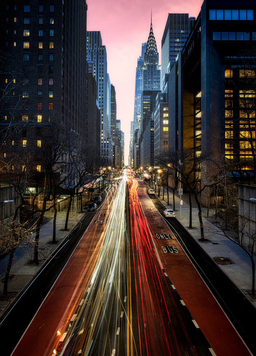 This is an example of stacking multiple, 30 second exposures, and then blending them in Photoshop to create this final image.  
Location:  Looking down 42st in Manhattan. 
Camera: Canon R5 
Lens: Canon TS-E 24mm 3.5L II Tilt Shift Lens.