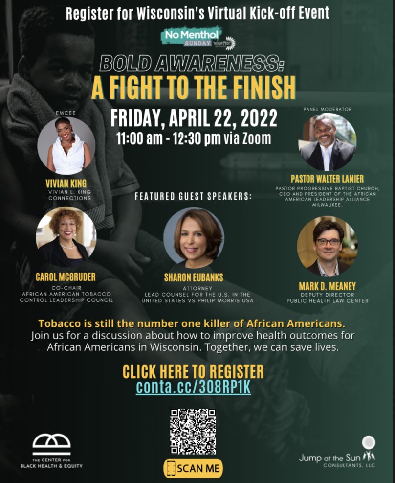 VivianLKing's tweet photo. Tobacco is still the number one killer of African Americans. 

Excited to once again emcee the No Menthol Virtual Kick-off on Friday, April 22, 2022 from 11am to 12:30pm.

Scan the QR code on the flyer or click this link to register: https://t.co/LUlaNfunIP. 

#NoMenthol https://t.co/ZS0Ya1vTwf
