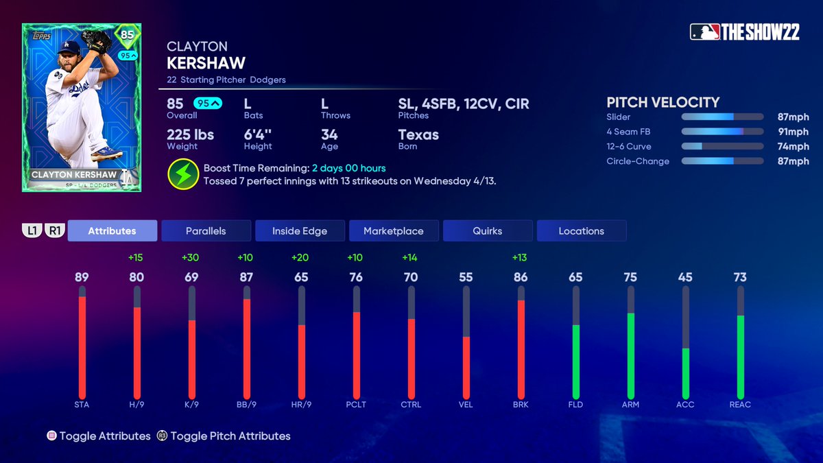 MLBTheShow's tweet photo. 7️⃣ perfect innings by the SP from @Dodgers.🔥

You know this means; @ClaytonKersh22 is 🔋#Supercharged🔋 for the next 48 hours!

#MLBTheShowSC https://t.co/HfdmnZmhRD