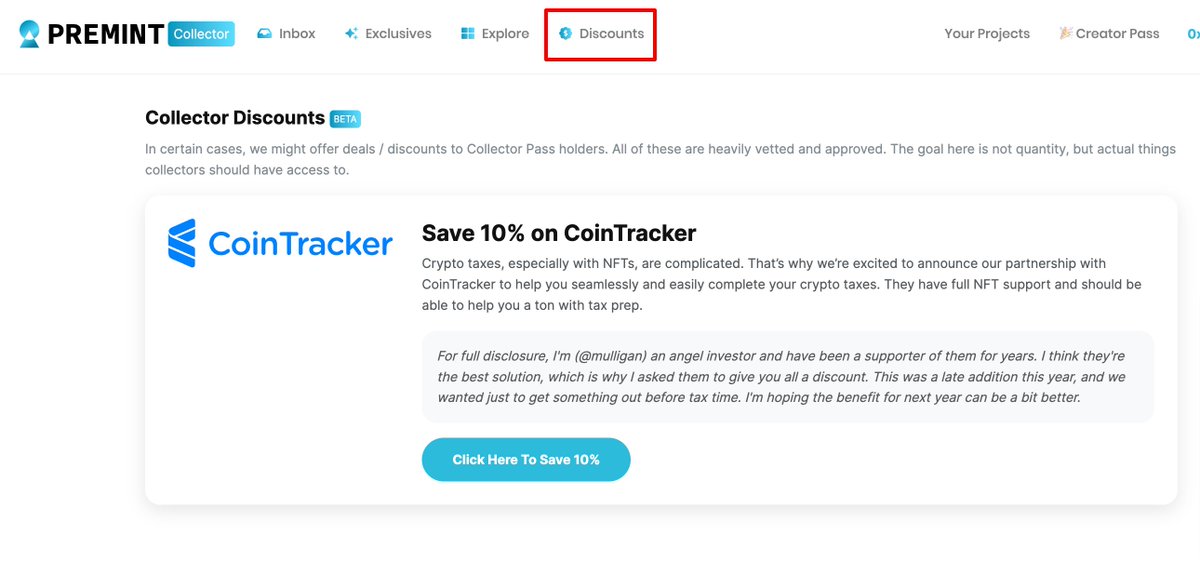 💰 COLLECTOR DISCOUNTS 🚀

Today there's a new section in the dashboard where we'll put discounts for holders. Goal is things you actually need. We are starting with taxes prep (maybe too little too late).

Collector Pass holders can save 10% on <a href="/CoinTracker/">CoinTracker</a> (who supports NFTs)!