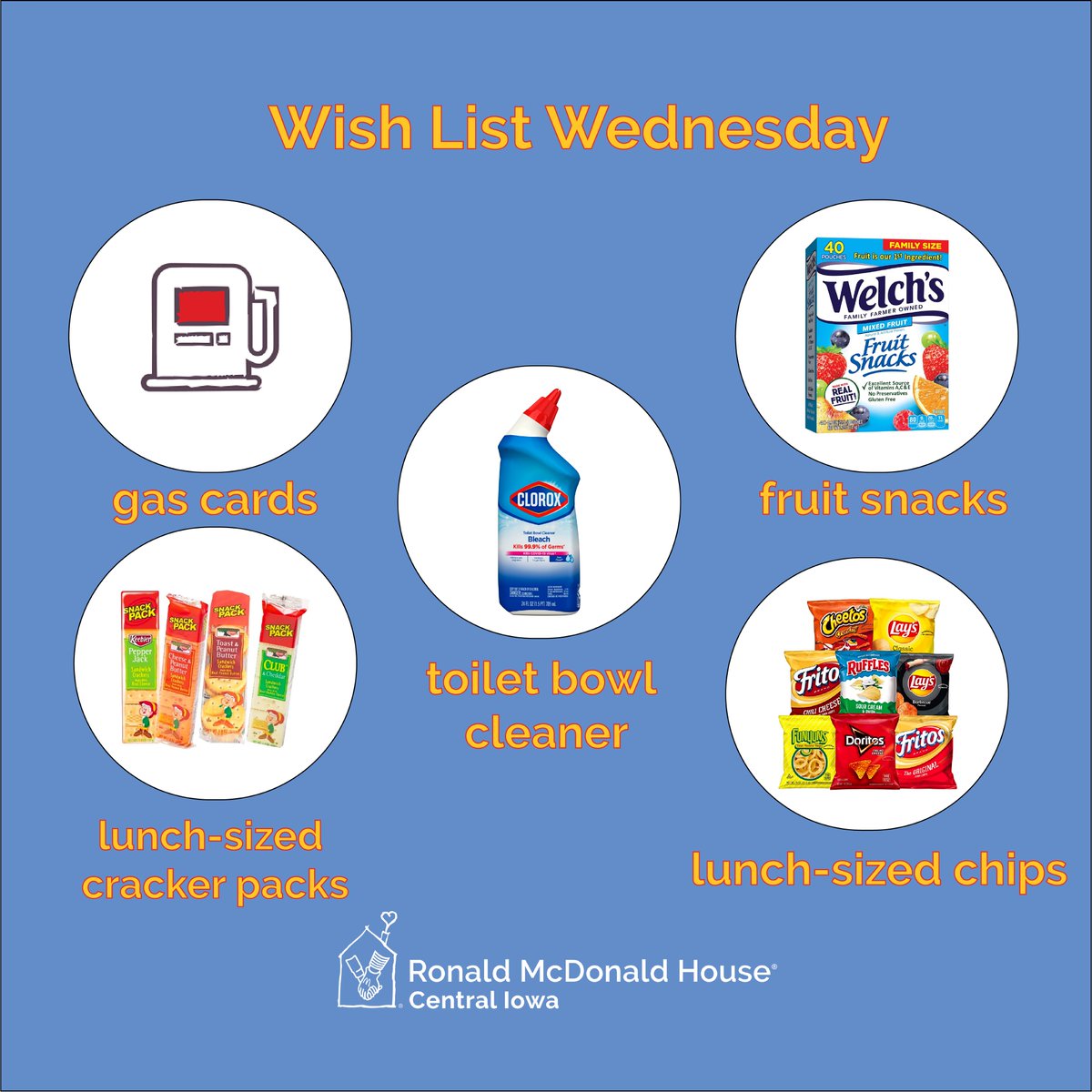 It's #WishListWednesday! We would love any amount in gas cards from QuikTrip, Kum &amp; Go, or Casey's! They really help us with transportation needs! We are also still in high need of cracker packs and chips. Donations can be dropped off Sunday - Monday, 8am - 8pm. Thank you!