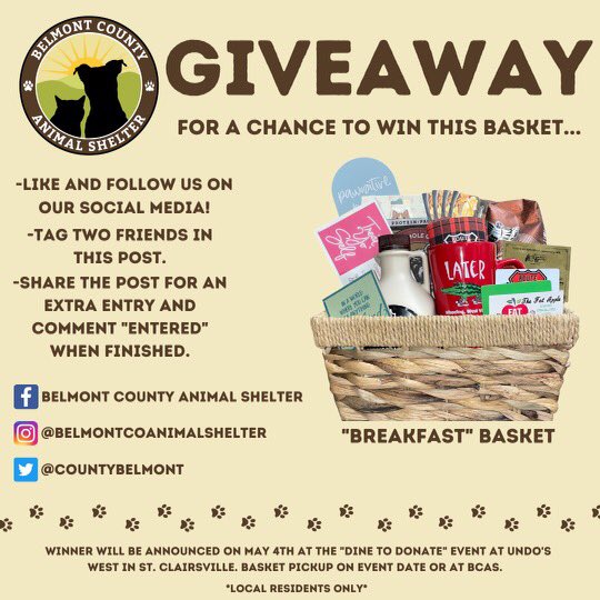 CountyBelmont's tweet photo. To be entered in for a chance to win our "Breakfast Basket," like this post and follow our social media. For an EXTRA entry, share this post. 
COMMENT "ENTERED" WHEN ALL THE STEPS ARE COMPLETE. Winners will be announced at our dine to donate event at Undo’s West on May 4th! https://t.co/FDiH6fIHWK