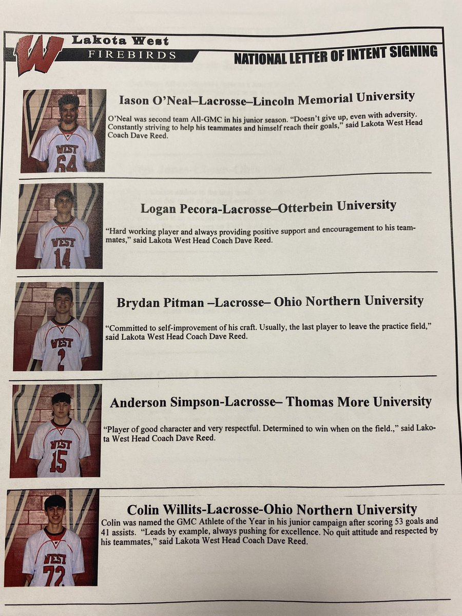 Congratulations to the 25 LW Student-Athletes finalizing their commitment to play in college. 
This brings the total for the 2021-22 school year to 44 student-athletes set to play in college. 
AS ALWAYS…GO FIREBIRDS!! 
#GreatMomentsAreBornFromGreatOpportunities