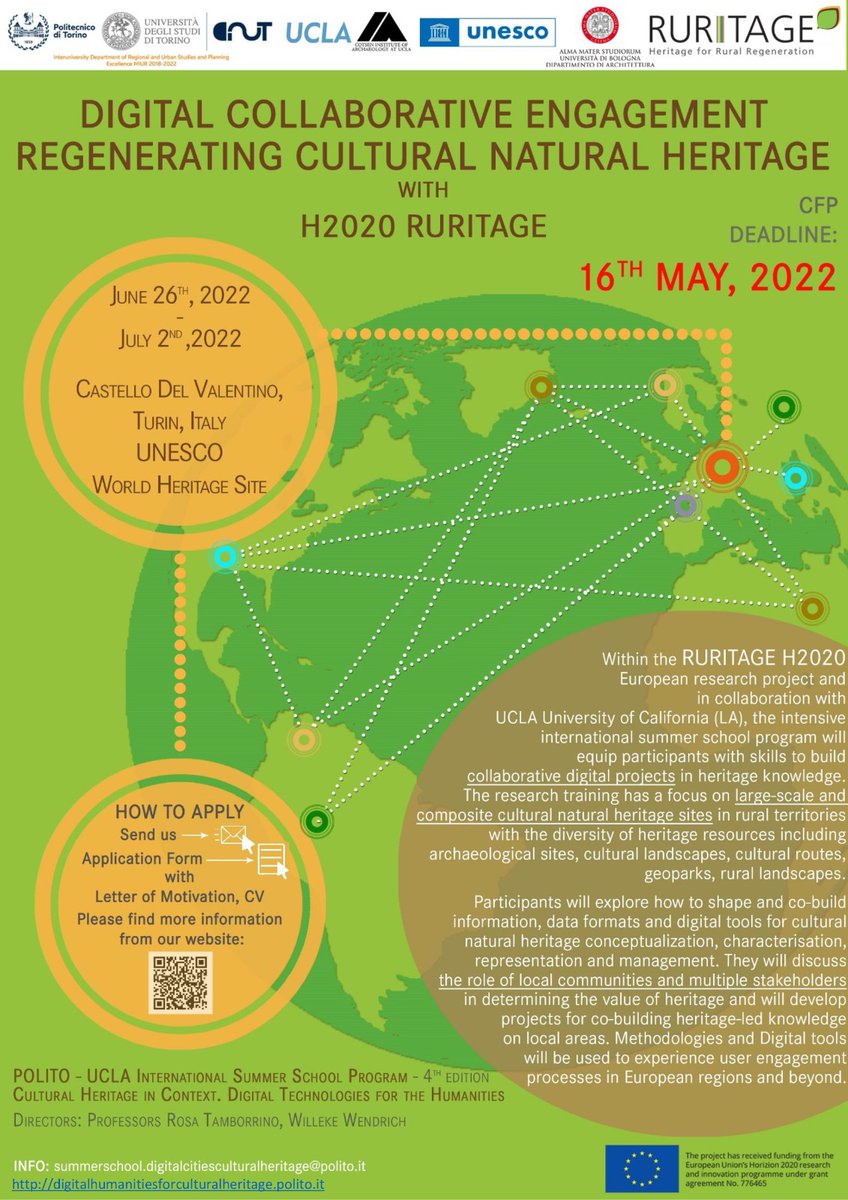 CHandCities's tweet photo. Call for Participation (Deadline 16th May 2022): Summer School ''Digital Collaborative Engagement. Regenerating Cultural Natural Heritage with H2020 RURITAGE''
https://t.co/FVZRmCbaMl
info: summerschool.digitalcitiesculturalheritage@polito.it
#SummerSchool #CallForApplications https://t.co/OIU62m1f5C