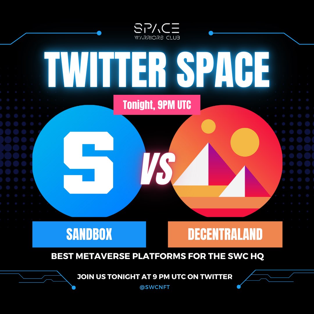 swcNFT's tweet photo. Decentraland VS Sanbox. Who you got ? Don’t forget to join our twitter space tonight at 9PM UTC! 
👉  https://t.co/dR2su0EDDS 👈

#nft #NFTCommunity #Metaverse #sandbox #Decentraland #NFTs #Cryptos #swc https://t.co/OojM7jLO5b