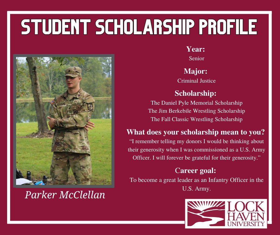 LHUalumni's tweet photo. Criminal justice major, ROTC cadet and wrestler, Parker McClellan, is the recipient of Daniel Pyle Memorial Scholarship, The Jim Berkebile Wrestling Scholarship and Fall Classic Wrestling Scholarship for the 21-22 school year.

Read his story now 👇

https://t.co/6RCAlBlQrd https://t.co/Hi1fkqh2xj