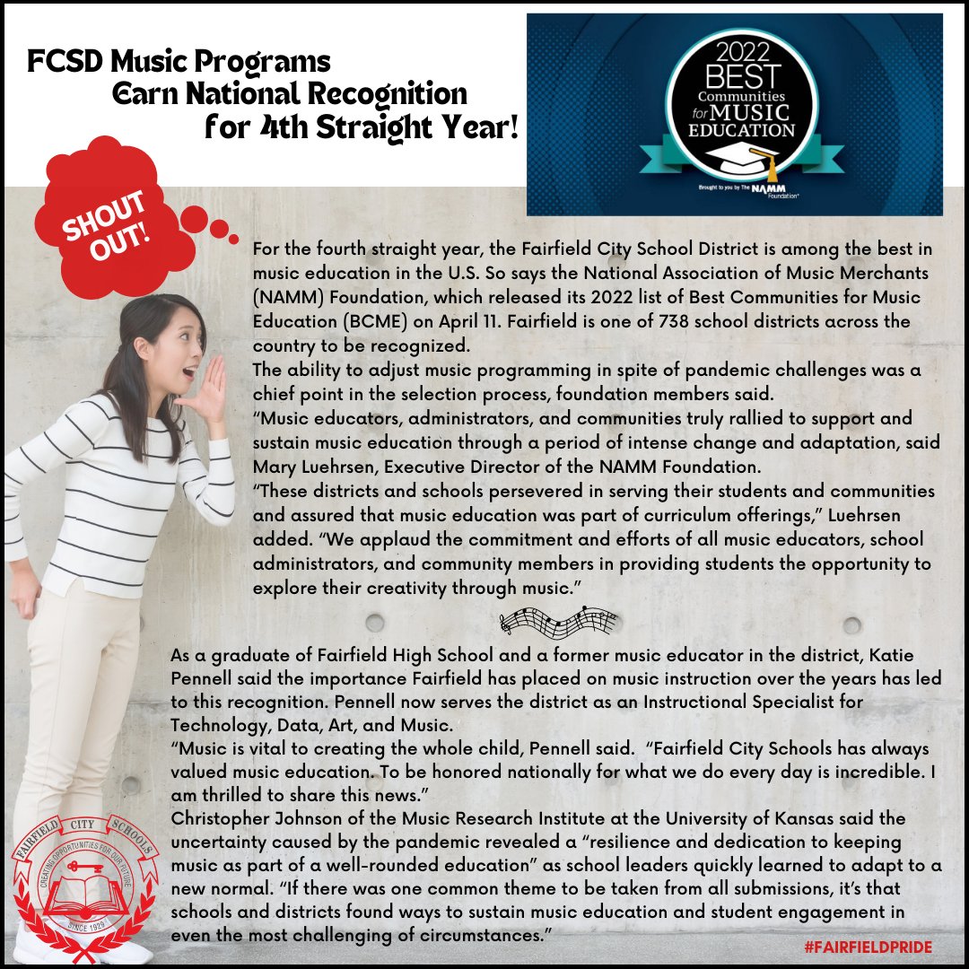 FCSDNews's tweet photo. SHOUT OUT TO THE FCSD MUSIC PROGRAM! For the 4th straight year, we are among the best in music education in the nation! Congratulations on a job well done to all who make this possible!
#FairfieldPride https://t.co/qhXyaIJk8s