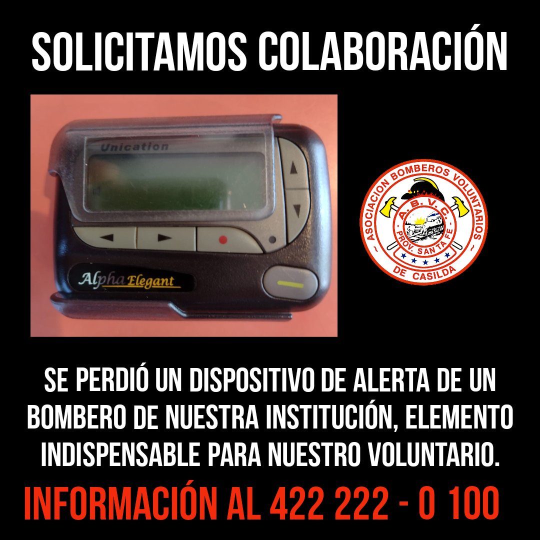 bomberoscasilda's tweet photo. Se extravío dispositivo de alerta en nuestra ciudad. 
Este elemento es de suma importancia, ya que recibe las notificaciones ante una emergencia, indicándole que debe dirigirse al cuartel.
Solicitamos la difusión. Gracias

Información 422222 / 100 o dirigirse a E. Zeballos 2127. https://t.co/N6OriwZEhf