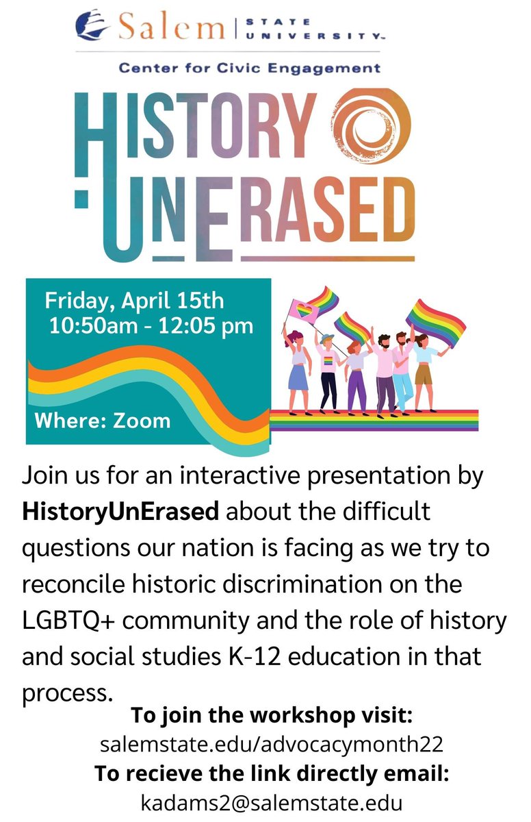 SalemStateCCE's tweet photo. Join on Zoom an interactive presentation by HistoryUnErased about the difficult questions our nation is facing as we try to reconcile historic discrimination and social studies K-12 education in that process. 📚🏳️‍🌈#lgbtqhistory #LGBTQIA https://t.co/5W6iT3kV8R