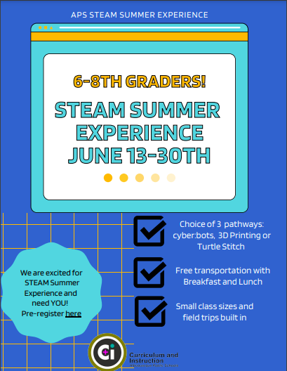 STEAM Summer Experience! Free for APS Middle School Students. Register here- docs.google.com/forms/d/e/1FAI…
