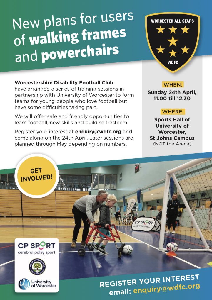 WorcAllstarsFC's tweet photo. We are pleased to announce new frame and powerchair sessions starting on Sunday 24th April. 

Register your interest via email - enquiry@wdfc.org 

#framefootball #worcestershire #powerchairfootball #disabilityfootball #disabilitysport https://t.co/EPzG9EZzfg