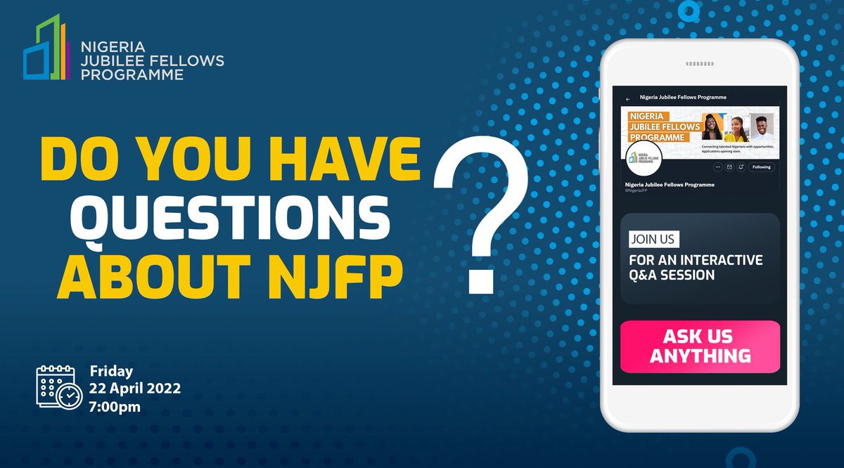 📣 PSA: Did you apply to become a <a href="/NigeriaJFP/">Nigeria Jubilee Fellows Programme</a> Fellow?

Join our Twitter chat on 22 April at 18h00 WAT to ask our team questions about the Nigeria Jubilee Fellows Programme ⚡️

<a href="/EUinNigeria/">EU in Nigeria 🇪🇺🇳🇬</a> <a href="/NigeriaGov/">Government of Nigeria</a>