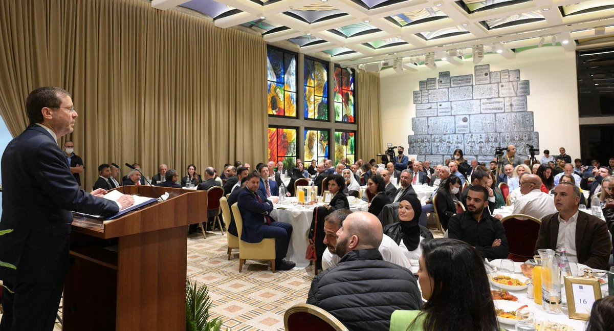 AmbAlKhaja's tweet photo. A heartfelt thank you to President @Isaac_Herzog for hosting me for Iftar at the presidential home. Uplifting to see Muslim, Jewish and Christian citizens of Israel join together for Iftar in brotherhood and solidarity during the holy month of #Ramadan. https://t.co/lnBbCPPAil