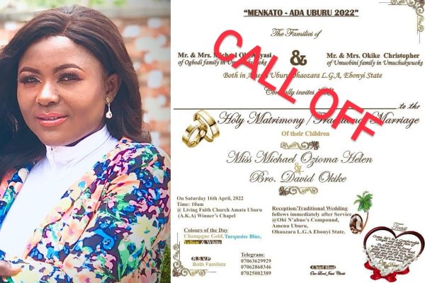 MobilePunch's tweet photo. Lady Calls Off Wedding Over Domestic Abuse

A Facebook user, Ada Uburu, has called off her marriage to one David Okike, scheduled to take place on Saturday.

Uburu made the announcement on her Facebook page on Wednesday.

She said, “I never wanted to bring this here but I have https://t.co/f6GTbyqpQI
