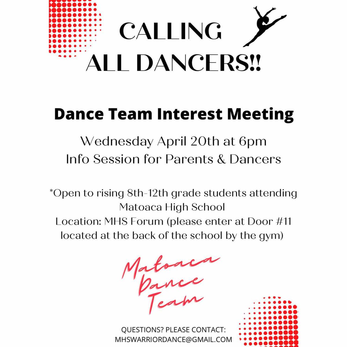 ✨Matoaca Dance is Back!! ✨

Our 2022 interest meeting will take place next Wednesday 4/20 - 6pm at MHS (in the forum) 

Open to all rising 8th-12th grade students! ❤️🖤