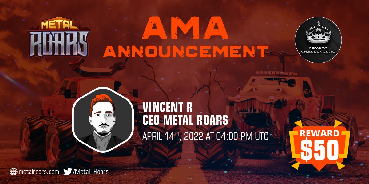 Metal_Roars's tweet photo. 📢AMA ANNOUNCEMENT

🦸‍♂️ 
@Metal_Roars
  X 
@c_challengers

Note down 👇
Venue: https://t.co/mL7SnL0fk9 
🗓️ Date: April 14, 2022
🕓Time: 4:00 PM  UTC

#NFTGame  #GameFi #PlayToEarn  #BlockchainGaming #P2E #DeFi #MTR  #BSCGems https://t.co/yDgkg93z3M