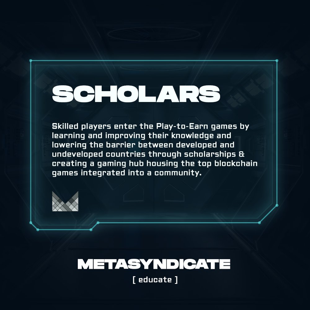 Owners of the p2e NFTs give their playable NFTs to scholars (gamers) to play and when the scholars make a certain amount of the game's currency and exchange it into real money, they share the profits with the NFT owner. 

Join our Discord to find out more: linktr.ee/MetaSyndicate