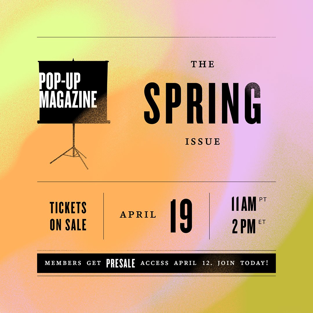 PopUpMag's tweet photo. Announcing our ✨Spring 2022 Issue✨! We're so excited to be back on tour May 24-June 4. Mark your calendars – we can't wait to see you! https://t.co/HRhy4eEgUU

🔸 Oakland, LA, NYC, Portland
🔸 Tickets on sale 4/19 at 11am PT/2pm ET
🔸 Members get access to pre-sale now ‼️ https://t.co/LnaFtjAxPY
