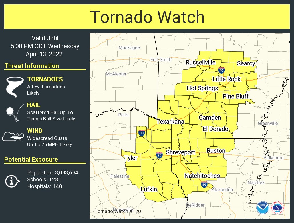 A tornado watch has been issued for parts of Arkansas, Louisiana and Texas until 5 PM CDT