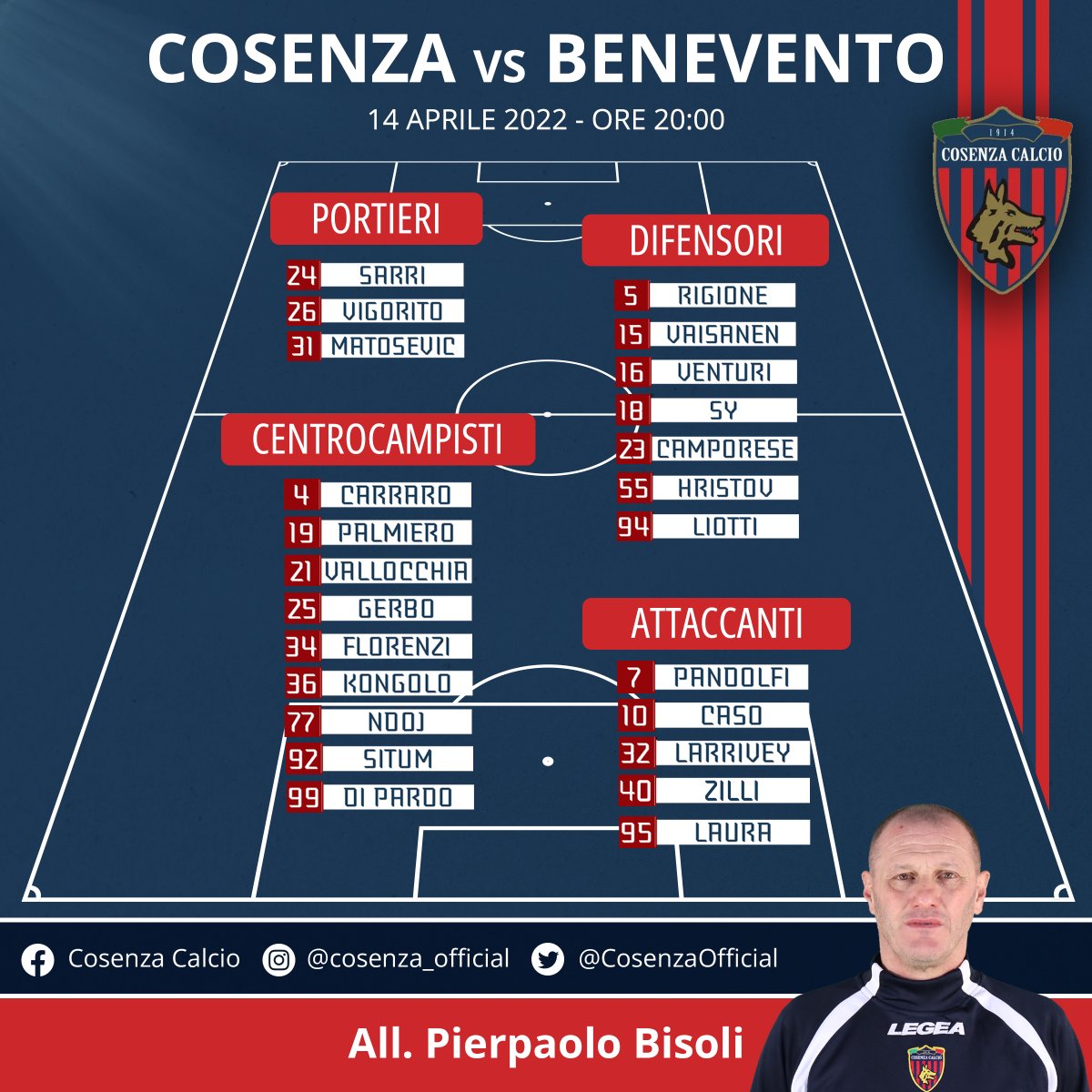 CosenzaOfficial's tweet photo. 🗒 I convocati rossoblù per #COSBEN
#ForzaLupi 🔴🔵 https://t.co/3FJBXib8td