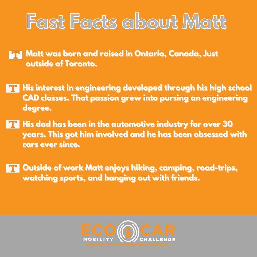 EcoCarUTK's tweet photo. For this weeks spotlight we are highlighting Matt Magee for all the hard work he has been doing!

Matt is graduating in May and is looking for full time employment. He would like to stay in the automotive industry, but Matt is open to any role he can utilize his experience https://t.co/mpLydodWwJ