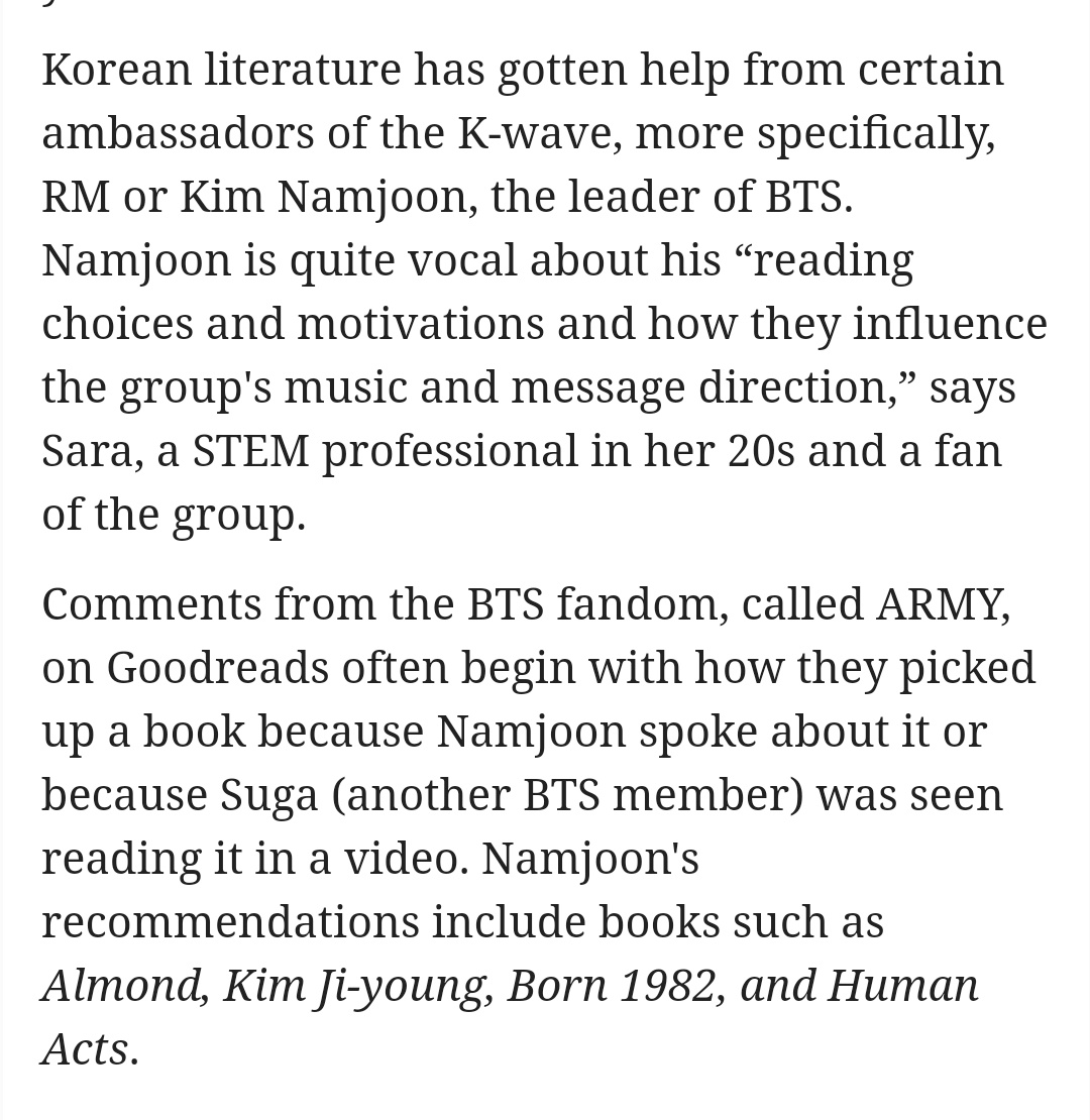 kimSuni_sk's tweet photo. [📄] La literatura coreana ha recibido ayuda de ciertos embajadores de la ola coreana, más concretamente, Kim Namjoon, el líder de @BTS_twt.
El es bastante elocuente sobre sus "opciones de lectura y motivaciones y cómo influyen en la dirección de la música y el mensaje del grupo" https://t.co/5HBcvUs5FG
