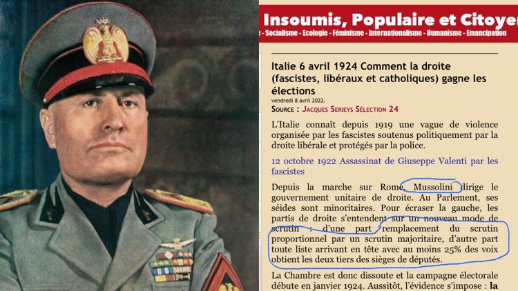 PommeKub's tweet photo. @Le___Doc @Move_LikeJaeger Même tactique que les fascistes de #Mussolini en 1923
#proportionnelleTrafiquée #Legislatives
Article de chez les #LFI 👉🏻 https://t.co/X1641tFeFS
#PasdeNiNi #Jevote https://t.co/M5X2BAMKOw