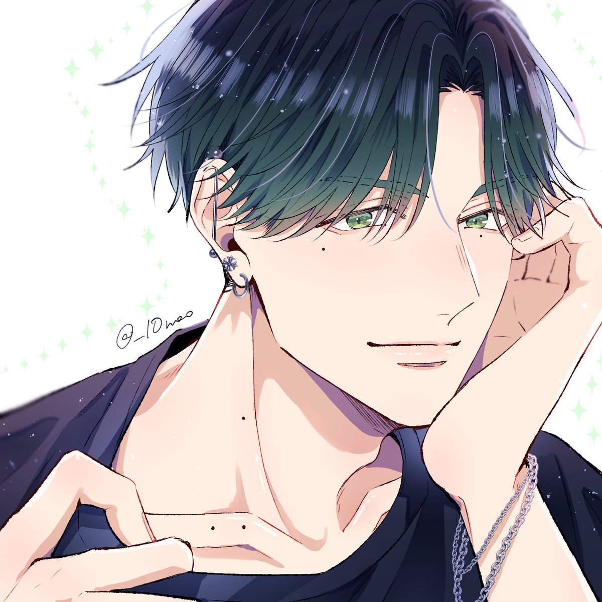 1boy mole male focus solo green eyes jewelry shirt  illustration images