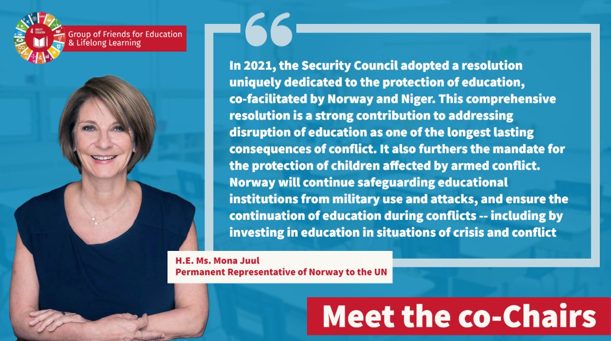 📢 <a href="/MonaJuul/">Mona Juul</a> <a href="/NorwayUN/">NorwayUN</a> is a co-Chair of the <a href="/UN_GF4Education/">UN Friends for Education & Lifelong Learning 📕</a>. 🇳🇴 is committed to a high quality and equitable education system, as demonstrated by its high level of public expenditure on #education and the dynamic policy activity targeting education quality #TransformingEducation