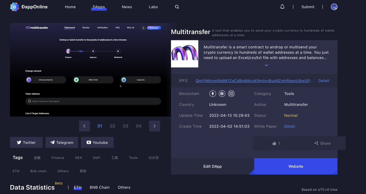 🎉We are listing on <a href="/DappOnline/">DappOnline</a> 
dapponline.io/dapp-detail/50…

🔥Try #airdrops with #Multitransfer: multitransfer.org

#BSC #Ethereum #AVAX #defi