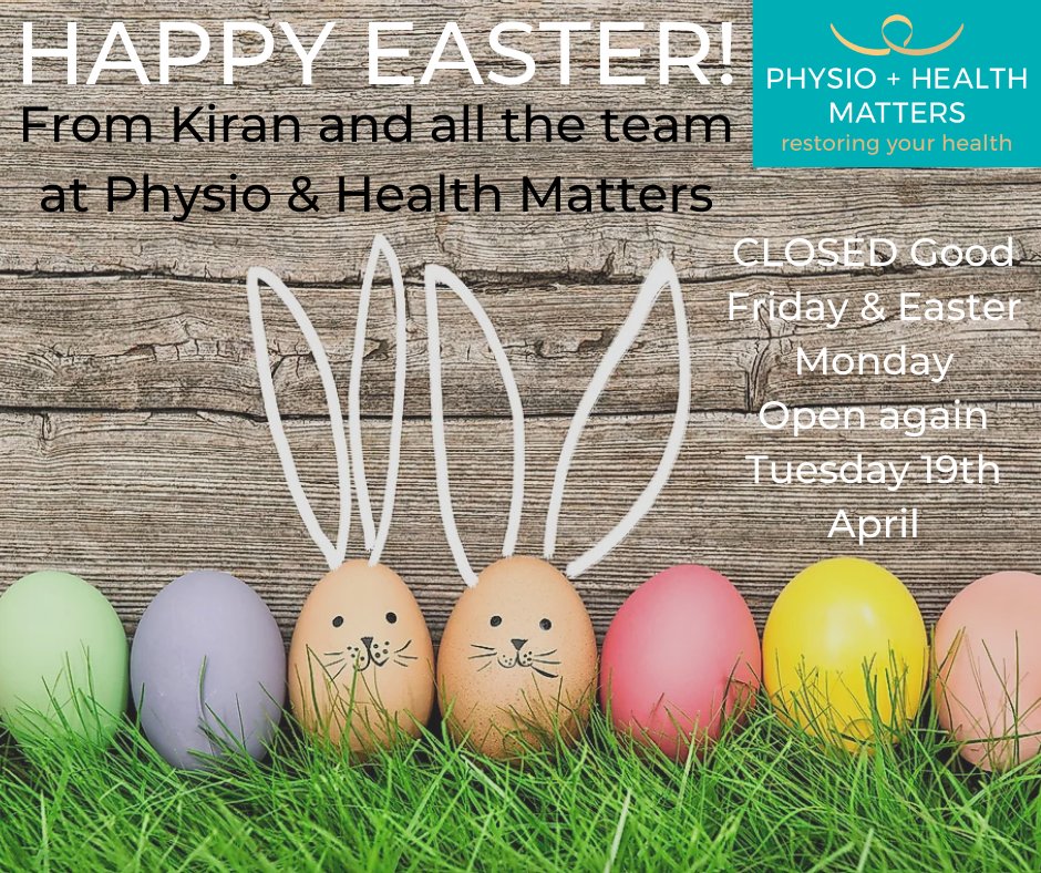 PhysioAndHealth's tweet photo. The team at Physio &amp; Health Matters would like to wish you a very Happy Easter! We will be closed on Friday 15th and Monday 18th April and open again as usual on Tuesday 19th April
To book an appointment contact us on 
rossonwye@physioandhealthmatters.com https://t.co/yAUcEvBORc
