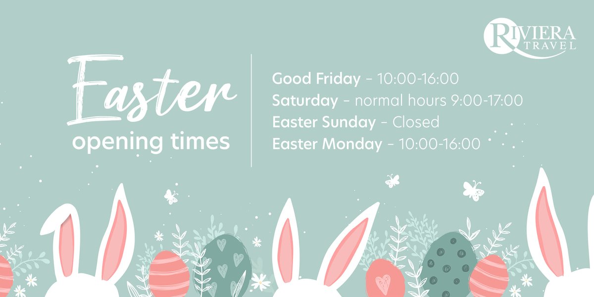 Please see below our Easter opening times. 👇
Please remember that bookings and options can be made at anytime. rivieratravel.co.uk/agents