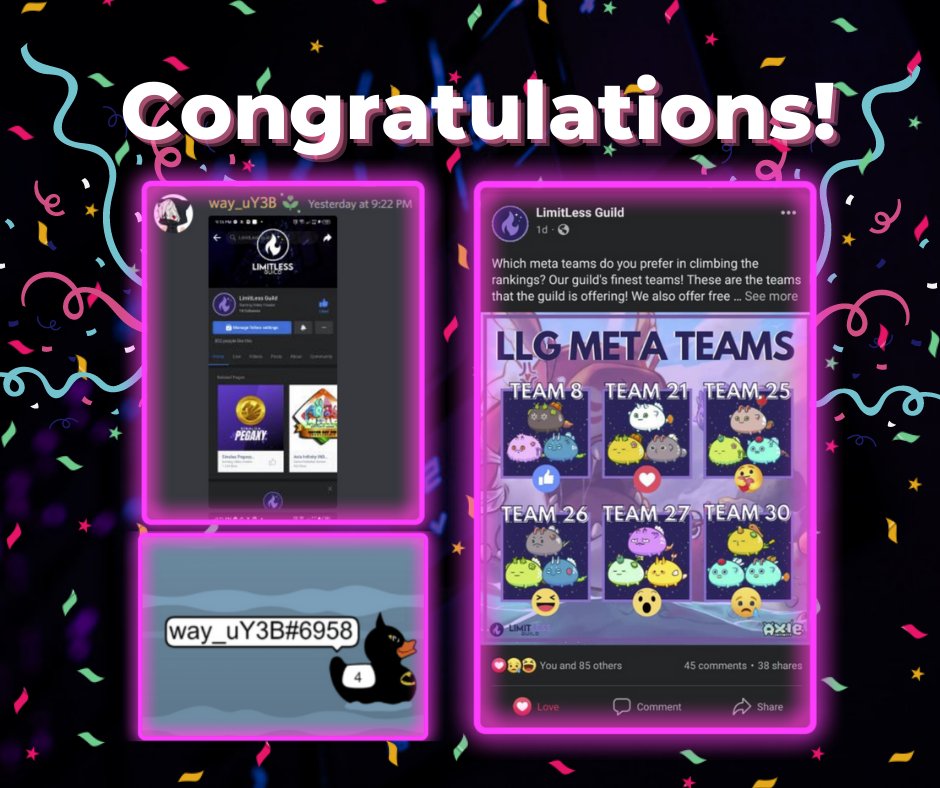 LLG_Mobius's tweet photo. Having so much fun engaging our community today!

Congrats to way_uY3B#6958! For winning 570 SLP in our Duck race!

Want to apply for an Axie Scholarship?
Make sure to read our #faq within discord! 
https://t.co/jPUtNXyw5r

#Axieinfinity #AxieScholarship #Origins #SLPGiveaway https://t.co/G7wlg8OtDF