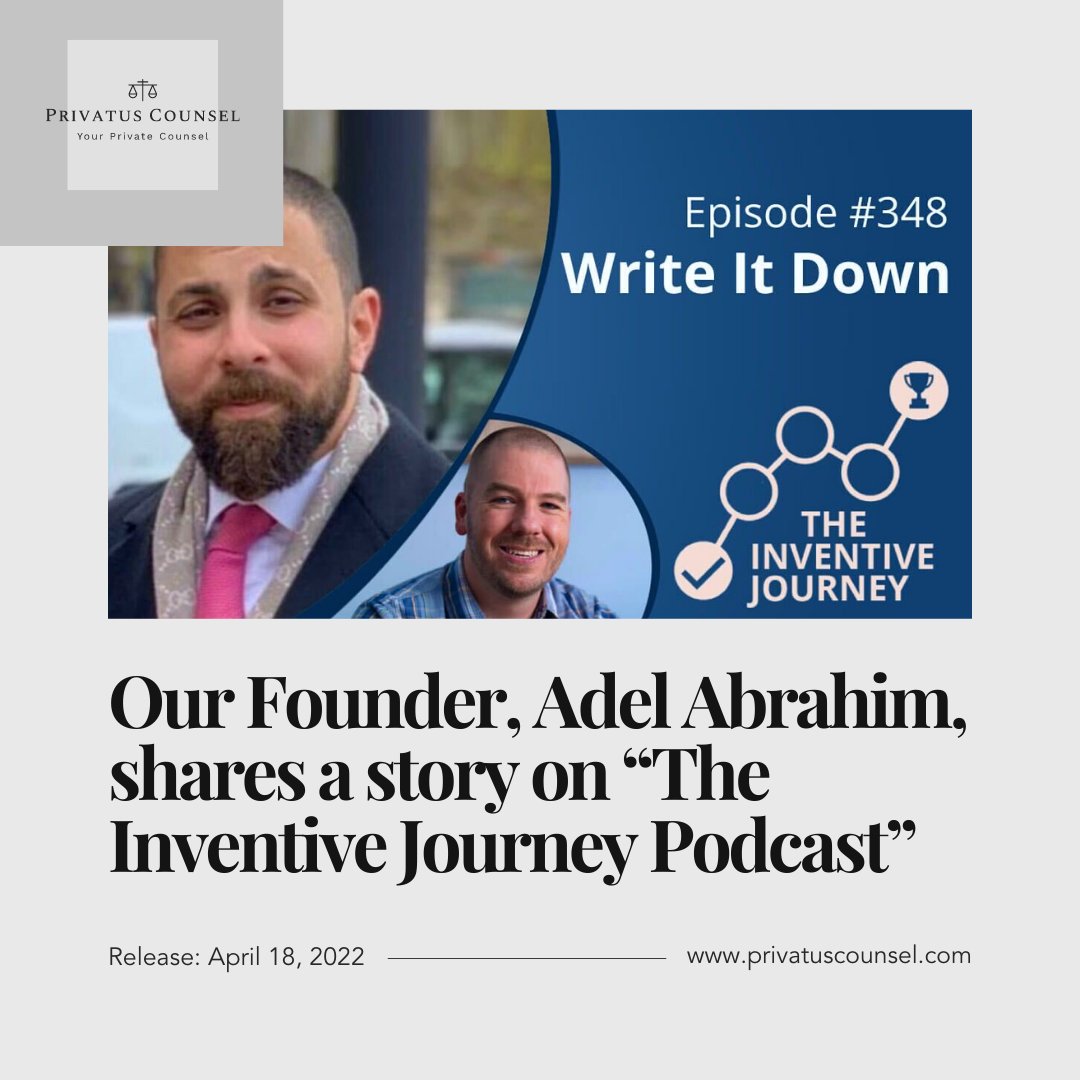 PrivatusCounsel's tweet photo. We are delighted to announce that our Founder, Adel Abrahim, shared his story as a guest on “The Inventive Journey Podcast” hosted by Devin Miller of Miller IP Law. Watch and listen here on April 18th for a link to the podcast.

#privatecounsel #internationallaw #startups https://t.co/dWiUEQBxkB