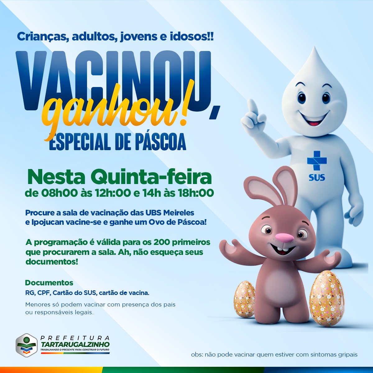 Aqui em Tartarugalzinho vai ter o "Vacinou, ganhou" especial de páscoa! 😍
#VamoVacinar