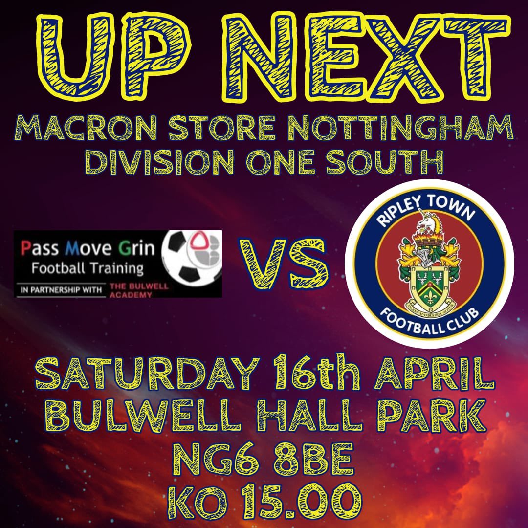 For the last time this season…

SATURDAY ⚽️⚽️⚽️

We travel to Bulwell to face an in-form PMG Academy in our last game of this CMFL Div 1 South season. 

Please feel free to come down and support the boys 💪🏻🔴🔵🟡