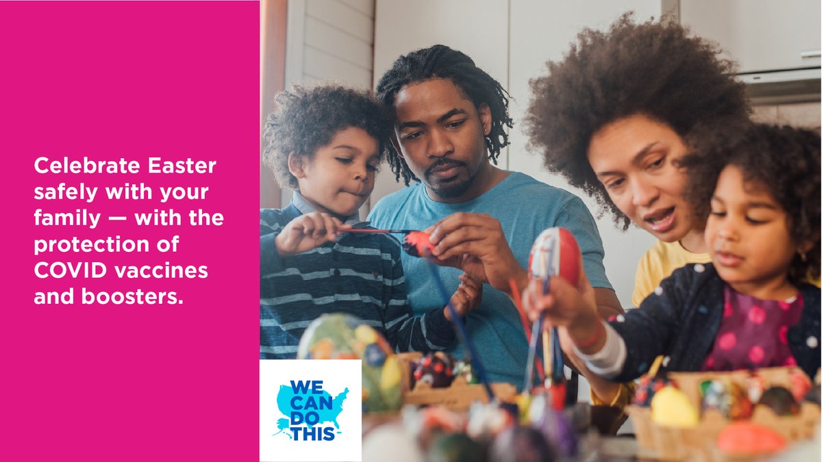 Happy Easter! 

Before you dig into the Easter candy, make sure your family is healthy and safe. Get vaccines and boosters for everyone who is eligible, and test and mask up if you’re traveling. 

Find COVID resources at covid.gov. 
#WeCanDoThis