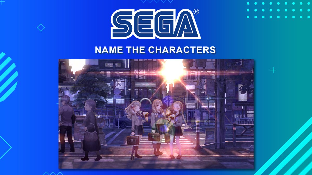 Name the characters: 3 girls in Japanese school uniforms, holding school bags and eating ice cream in a random street, with the sun setting in the distance. 