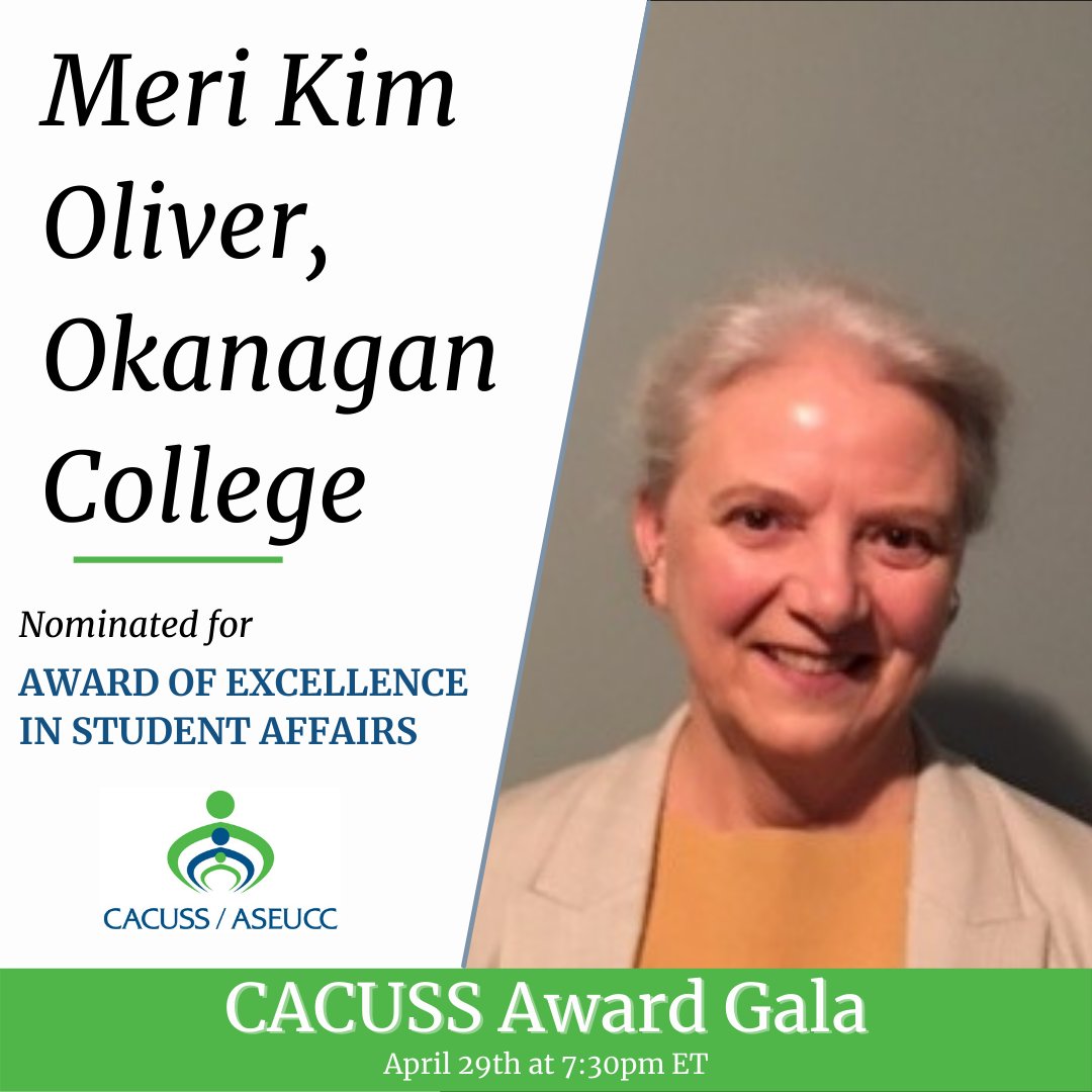cacusstweets's tweet photo. Today we're celebrating Meri Kim Oliver, from Okanagan College, who has been nominated for the Award of Excellence in Student Affairs! 

Join us on April 29th to celebrate her successes: https://t.co/UWusEJECo6

#StudentAffairs #CACUSSAwards https://t.co/ULfkBWP8qy