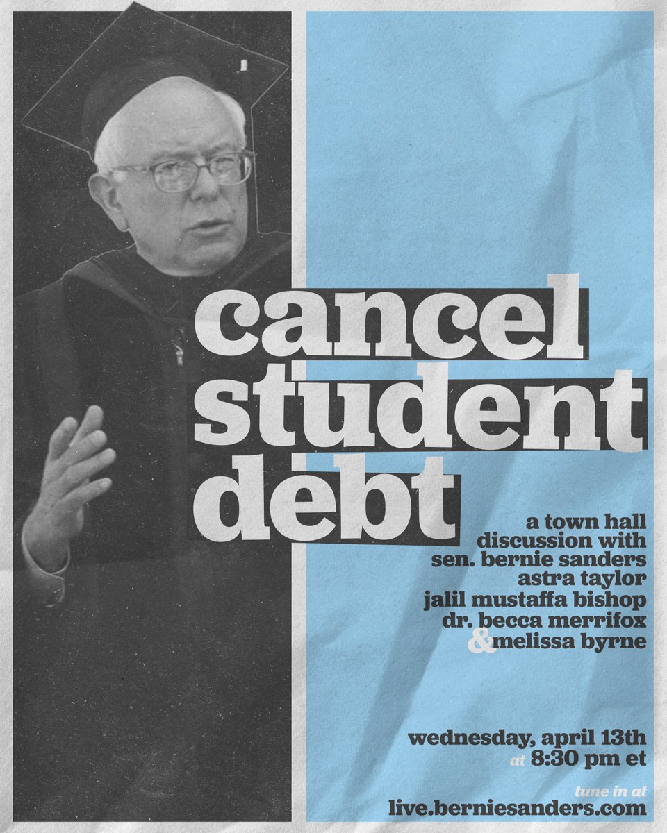 Getting an education should not mean you are burdened with student loan debt for the rest of your adult life. We can and we must cancel every single cent of student loan debt in this country.

Join me and special guests TONIGHT at 8:30 PM ET for a town hall discussion.
