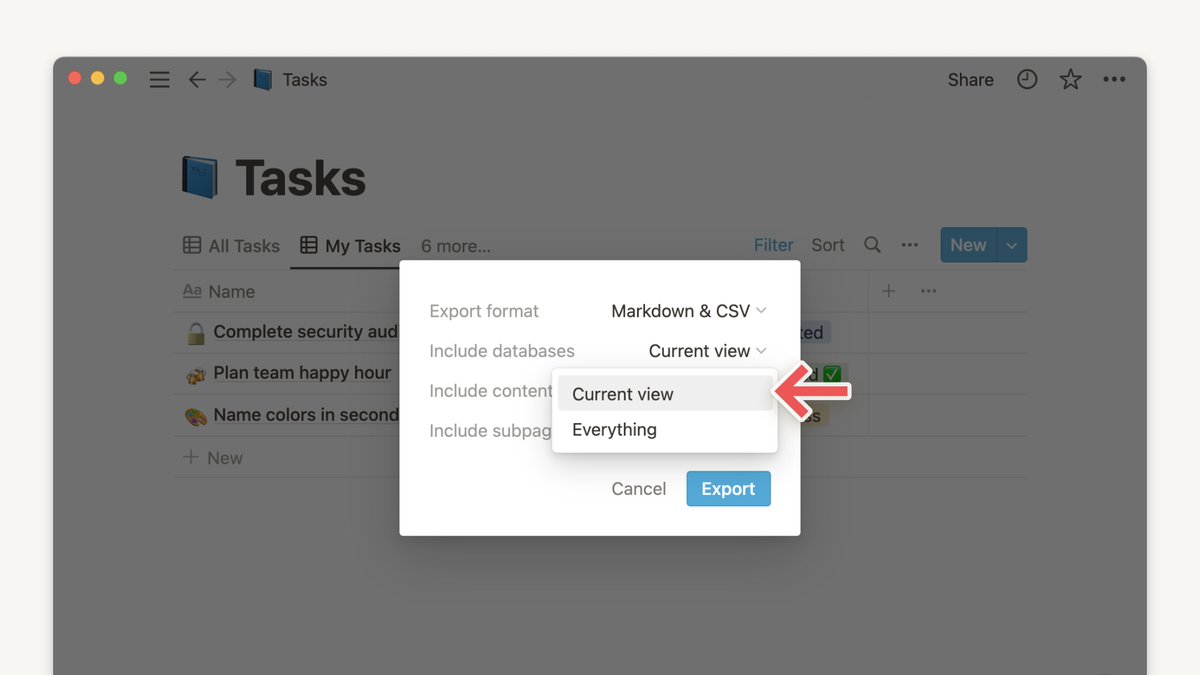 Before, exporting a database gave you the whole dataset — regardless of filters that you had applied.

No longer! You can now export filtered views to PDF, HTML &amp; CSV 📤
