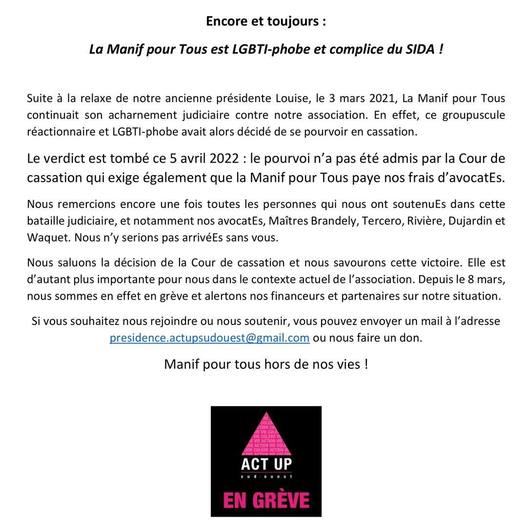actupsudouest's tweet image. Dernier mot sur l'attaque en justice de la Manif pour Tous contre ACT UP Sud-Ouest ! VICTOIRE ! 🌈🥳 Merci de votre soutien ! 🥰
🔥 Nous sommes heureuxSES de voir notre travail de plaidoyer à nouveau reconnu, dans une période incertaine pour la survie de notre association.
