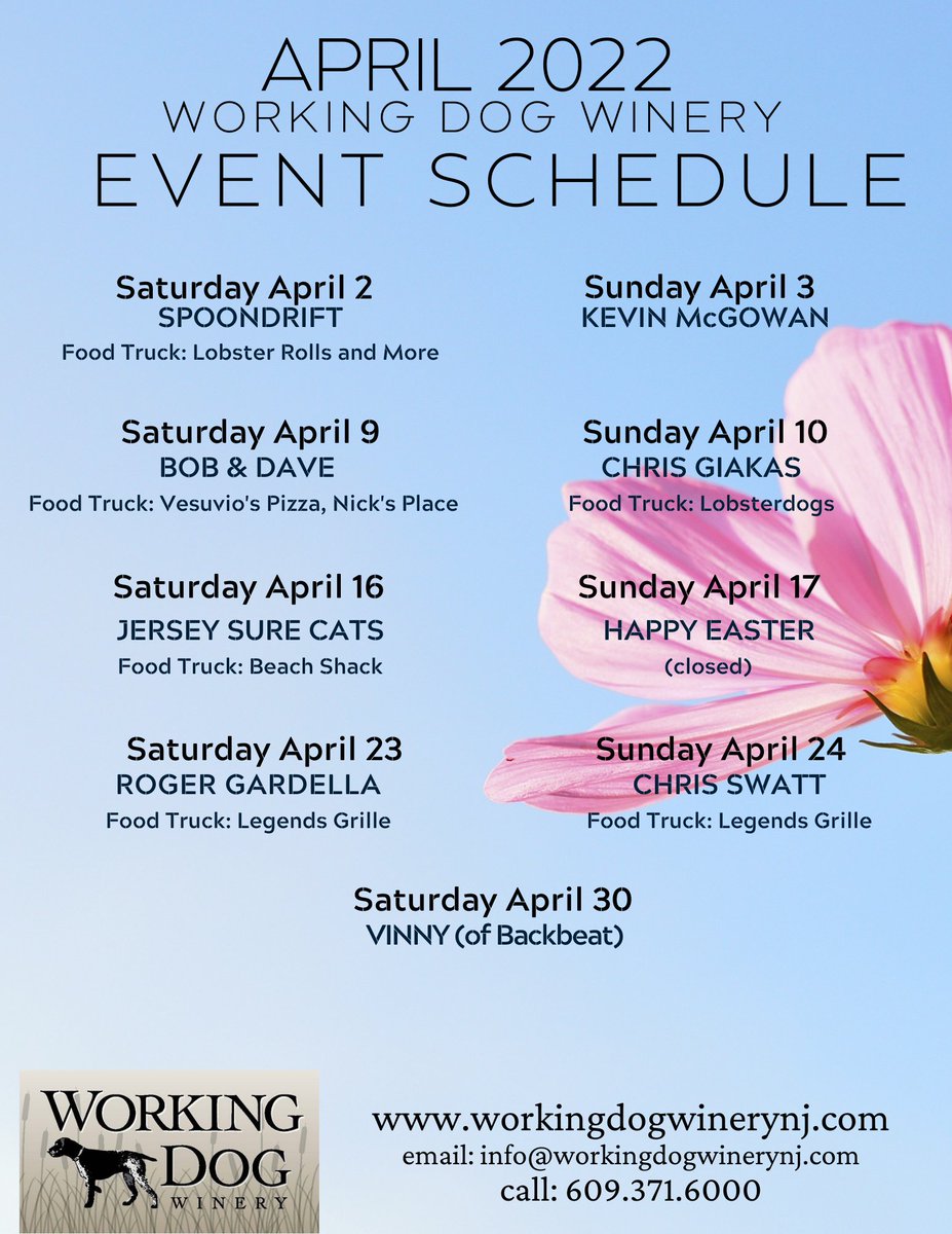 Check out our APRIL events calendar and plan to join us soon! workingdogwinerynj.com
Live Music:  1 to 5 SATURDAY and SUNDAY 
Discount on 6 bottles 12% and on 12 bottles 18% through EASTER (closed EASTER Sunday) 🐰