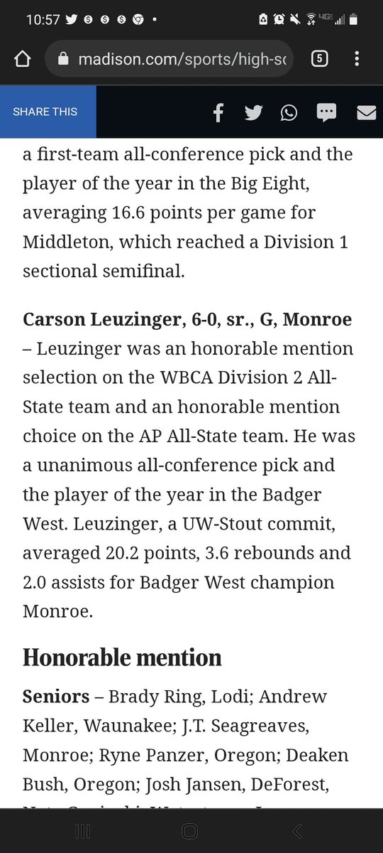 Congrats to 2022 Carson Leuzinger who was named to Wisconsin State Journal's 1st Team All Area for 2021-22! <a href="/leuzing12/">Carson Leuzinger</a>