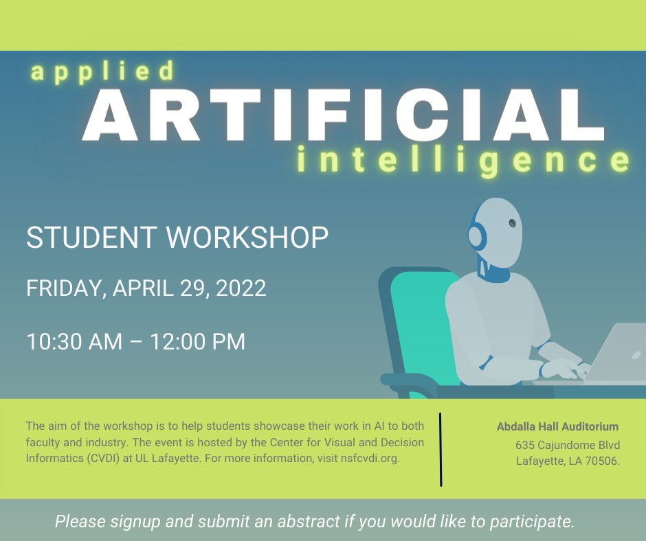 We are hosting an Applied AI Student Workshop on Friday, April 29 from 10:30 am – 12:00 pm at Abdalla Hall Auditorium.

IAB, <a href="/ULLafayette/">University of Louisiana at Lafayette</a> students, and faculty are welcome to attend!

Students interested in sharing their work should email iriconnect@louisiana.edu.