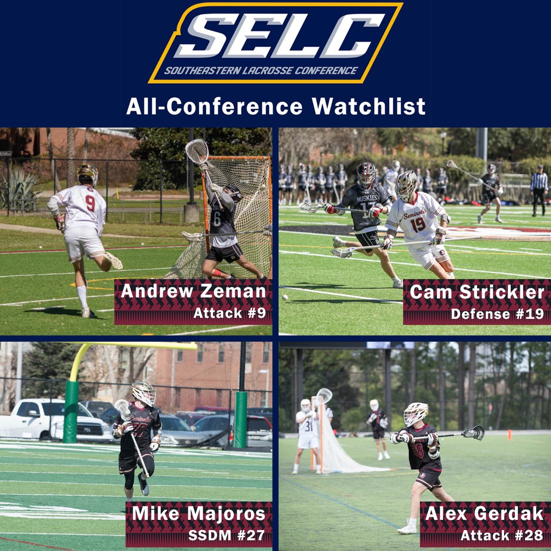 FSULacrosse's tweet photo. 4 Seminoles were named to the SELC All-Conference Watchlist! 

Andrew Zeman, Freshman, Attack #9

Cam Strickler, Senior, Defense #19

Mike Majoros, Grad, SSDM #27

Alex Gerdak, Sophomore, Attack #28

Congrats, boys! 

#stateball #fsulacrosse https://t.co/jMxt5PeHxh