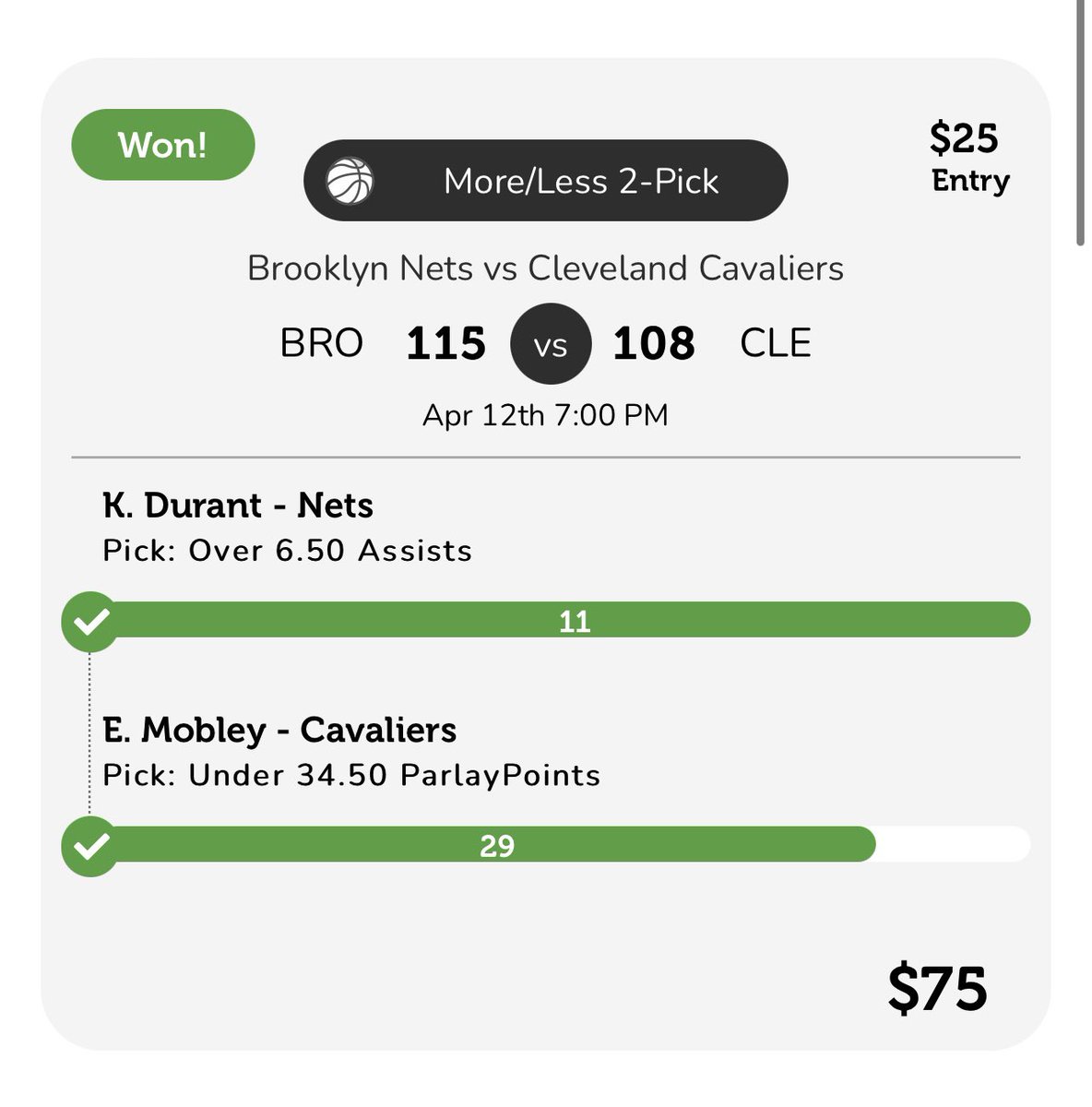 Kingpinprize's tweet photo. Parlay play...I liked KD assist all day but only went forth with playing it once I found that this was the only place that had his assist at 6.5 #FindingValue @parlay_play $75 here... https://t.co/LKKlBaR5nc