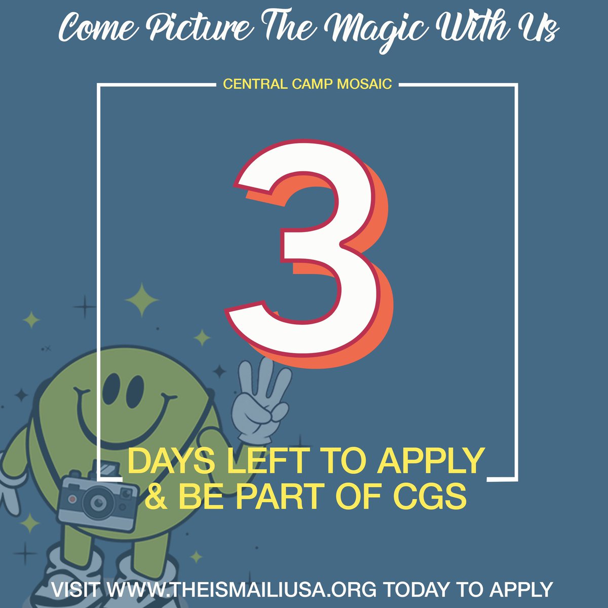 campmocentral's tweet photo. 3 DAYS TO GO!!!! Apply today and help us ✨Picture The Magic✨ this summer at Camp Mosaic. Link in my bio!! #campmosaic https://t.co/Fpq6dHZ2Ge