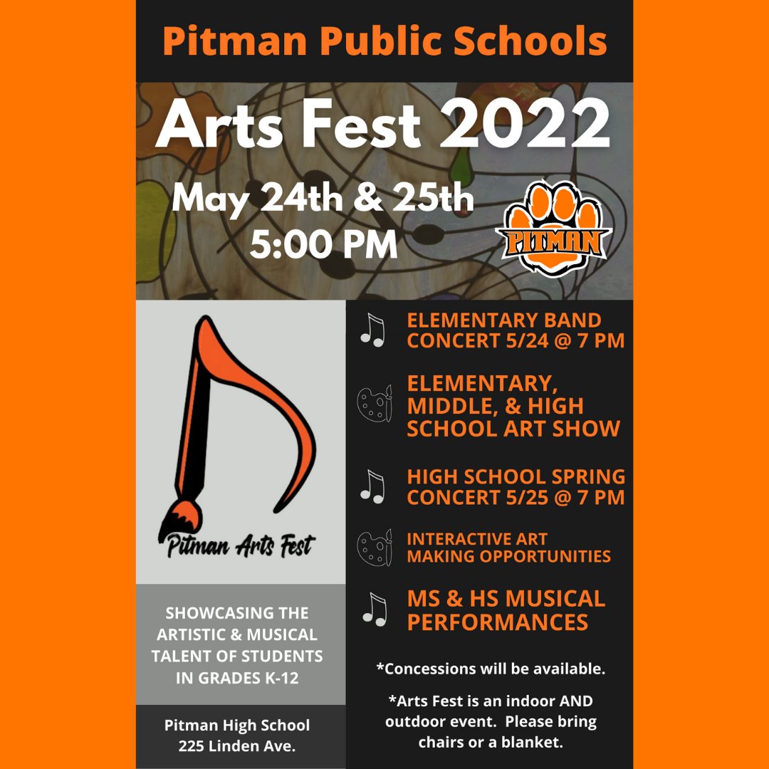 The VPA Department of Pitman Public Schools is THRILLED to announce our first ever K-12 Arts Fest.  Mark your calendars! #pitmanpantherpride <a href="/pitmanschools/">Pitman NJ Schools</a> <a href="/pjm_k12/">Patrick J. McAleer</a>